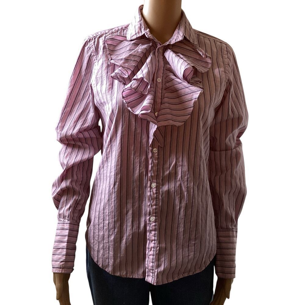 Ralph Lauren Sports Pink  Stripe Ruffle Shirt‎ Blouse size 8